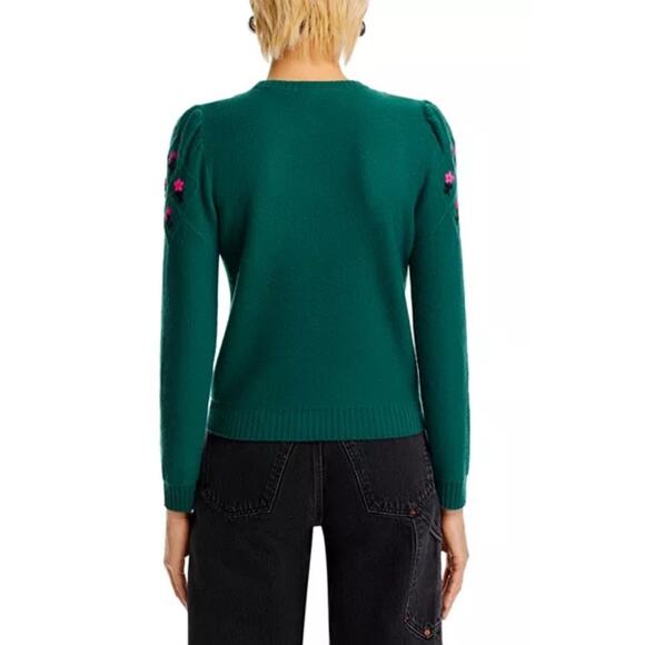 Aqua Cashmere 100% Green Sweater Pink Embroidered Flower Design Women's Size XS - Picture 3 of 15